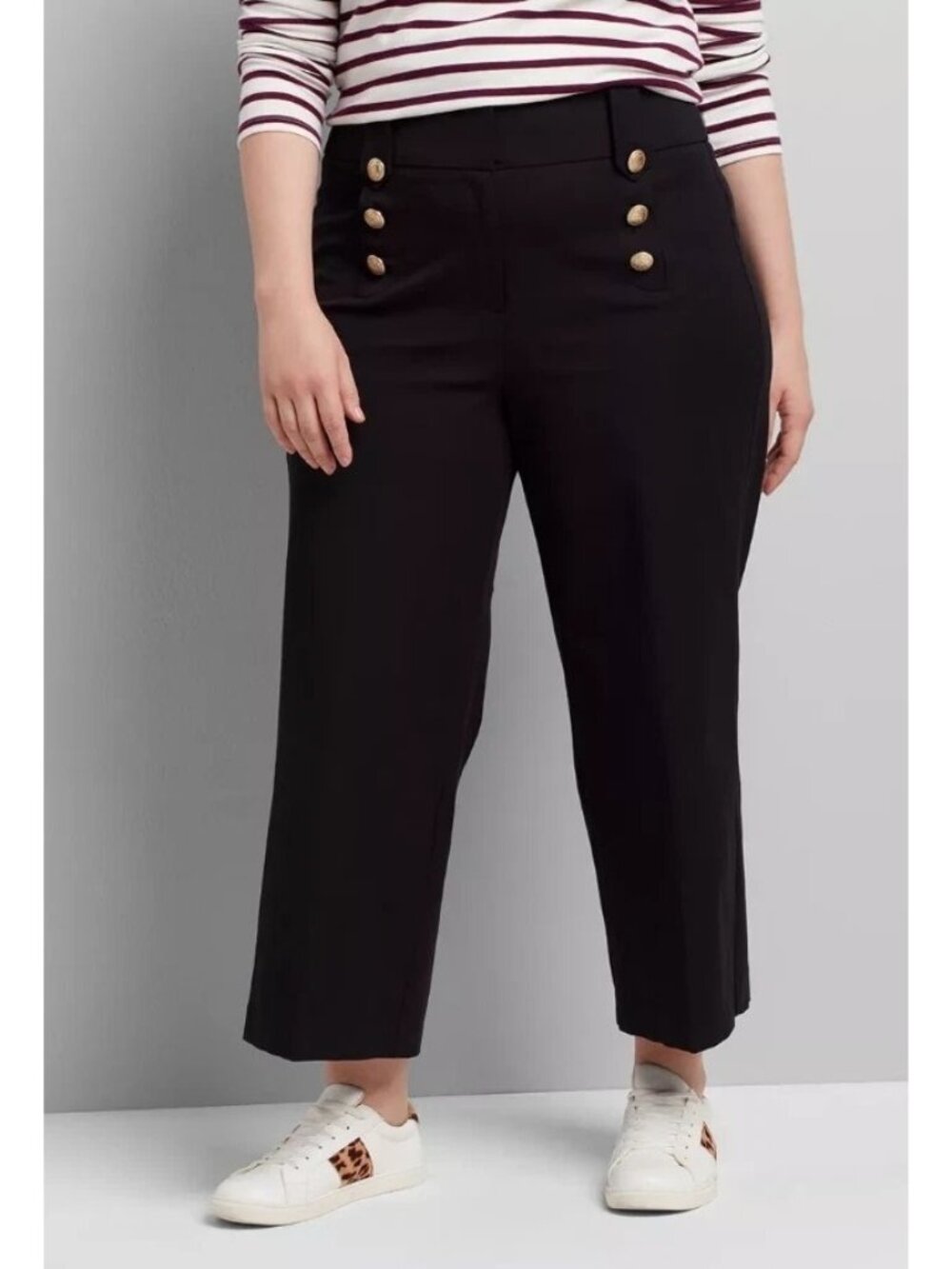 NWT Lane Bryant Black Sailor Crop Pants Gold Button Wide Leg Stretch Size 28